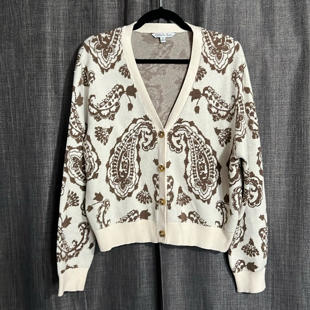 Ophelia roe button down cream and brown paisley cardigan size 1X